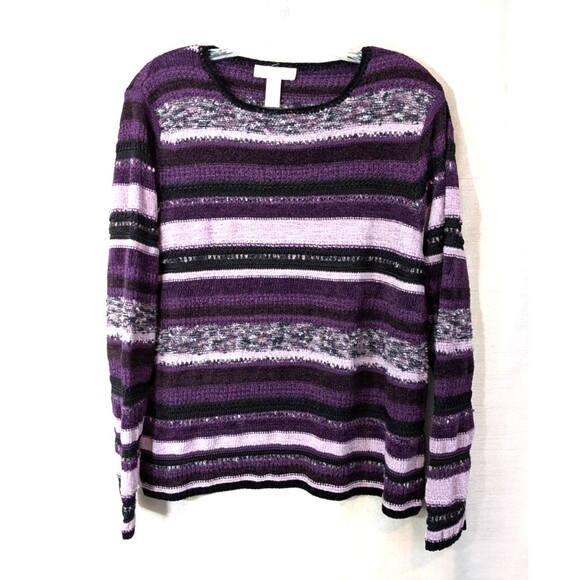 Valerie Stevens Size XL Purple Striped Cotton Blend Long Sleeve Sweater Retro - Picture 1 of 12